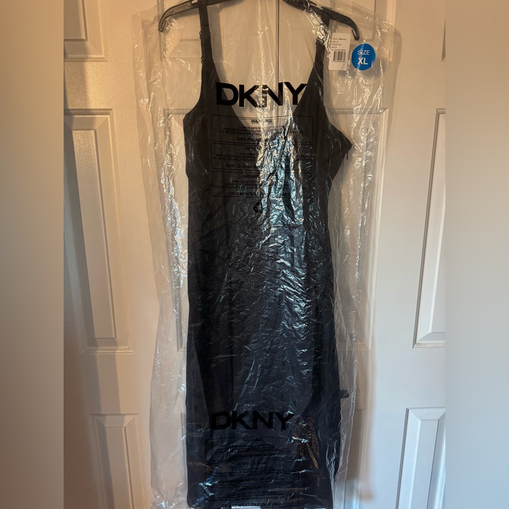 NWT DKNY Black Slip Midi Dress with Subtle Logo Jacquard